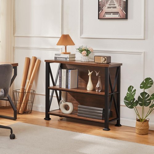 HOMBAZAAR Bookshelf,Small Industrial Bookshelf with Engineered Wood Shelves,3 Tier Shelf Bookcase with Metal Frame,Short Book Shelf for Living Room,Small Space and Office,Rustic Brown
