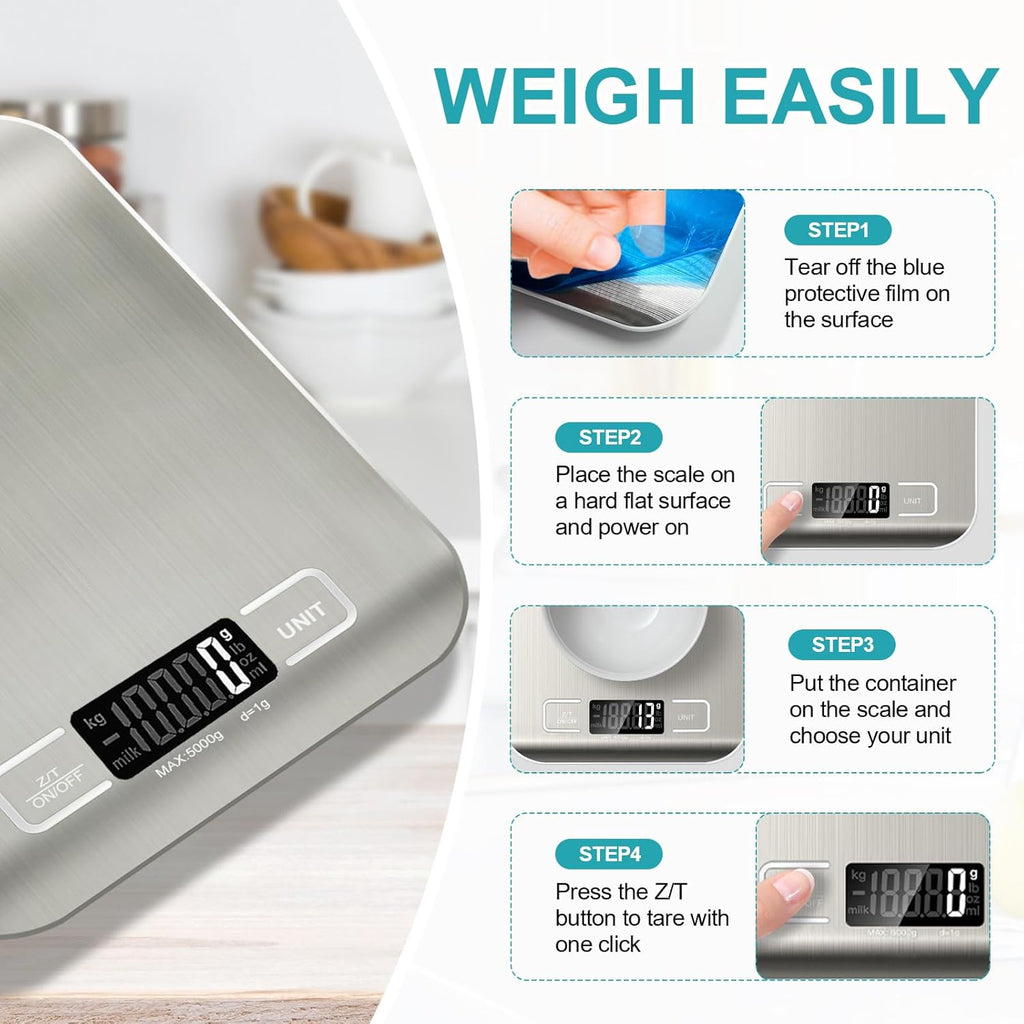 Skiennix Food Scale - 11lb Stainless Steel Digital Kitchen Scale with LCD Display & Tare Function | Perfect for Baking, Cooking, and Meal Prep
