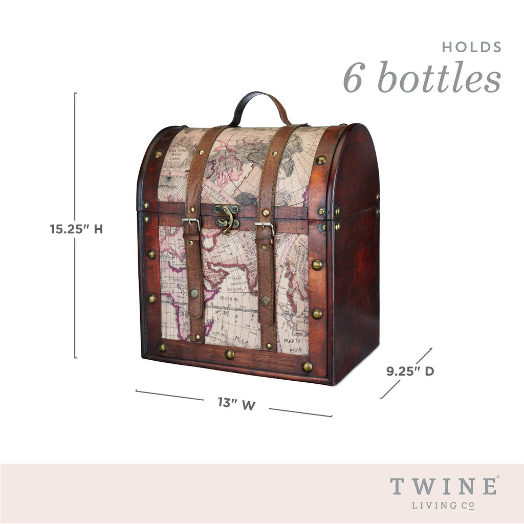 Twine Old World 6 Wooden Wine Bottle Gift Box - Wine Decorative Storage Box with Lid and Handle, Wine Accessory Sets, Wood, Faux Leather in Antique Map Design Liquor Gift Box