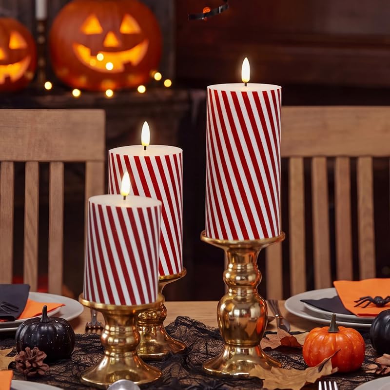 Variation of THIS listing: Christmas Flickering Red Stripes Glitter Flameless Candles, Battery Operated Pillar Real Wax LED with Remote Timer, 3-Set, Thin Red Stripes