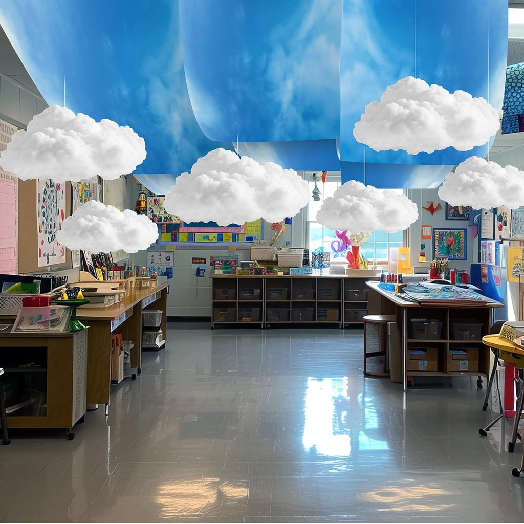 VioraWhite 9 Pcs Blue Sky White Cloud Ceiling Decor - 12x2 Ft Fluorescent Light Covers & 3D Cloud Props