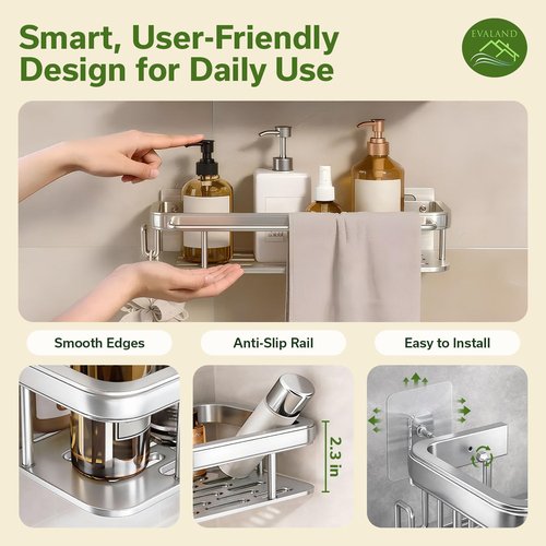 EVALAND Shower Caddy - Adhesive 2-Pack with Hooks & Rod | Premium Rustproof Bathroom Organizer, Silver