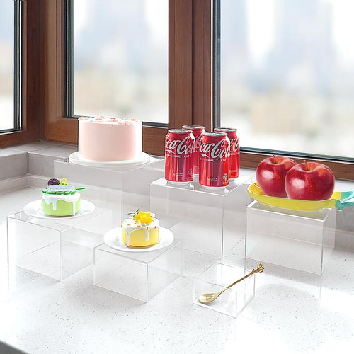 HTRYBNES 6 Pcs Buffet Risers and Stands, Clear Food Risers for Buffet Table, Acrylic Risers Display Stands for Wedding Party, Food Display, Collectibles(8" 7" 6" 5.5" 4.5" 3")