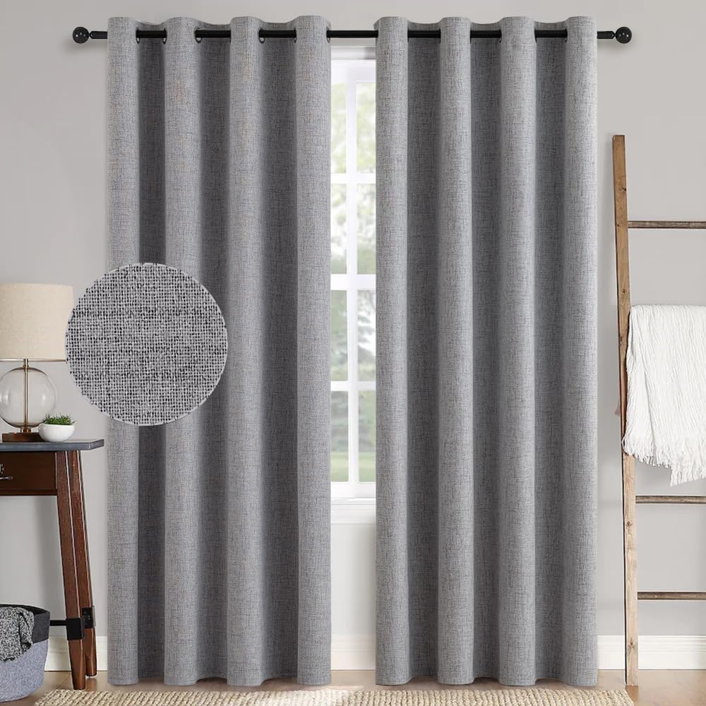 MIULEE 100% Blackout Linen Textured Curtains - Thermal Insulated Grey | 52 x 90 Inches (2 Panels)