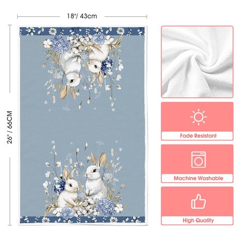 Artoid Mode Bunny Hydrangea Easter Kitchen Towels Dish Towels, 18x26 Inch Spring Farmhouse Wild Flowers Decoration Hand Towels Set of 2