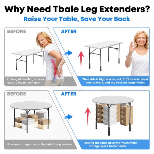 4 Pack Folding Table Leg Extenders, Highly Durable Steel Folding Table Leg Risers, Folding Desk Legs Extensions for Straight｜Bent Legs,3 Levels Adjustable Height Tables Extender Rise 2.3in｜4.3in｜6.3in