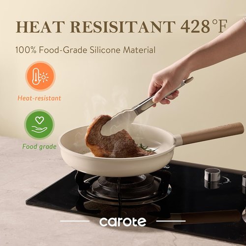 CAROTE Kitchen Tongs Set - Heat Resistant Stainless Steel with Non-Scratch Silicone Tips | 3 Sizes (7", 9", 12")