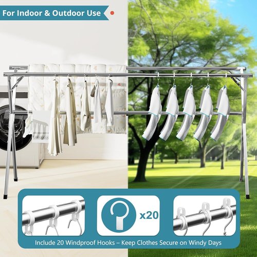 JAUREE Clothes Drying Rack - 79 Inches Heavy Duty Stainless Steel | Foldable Indoor/Outdoor with 20 Windproof Hooks