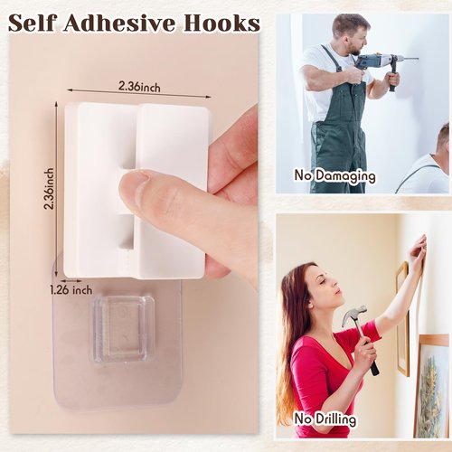 Briwooody 8 Pcs Large Self Adhesive Clips Wall Tapestry Clips No Drilling Towel Holder Adjustable Spring 15 mm Flag Hanger for Bathroom Kitchen Home Office Hotel(White,Rectangle Style)
