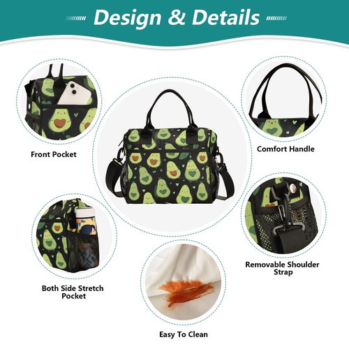 Aslsiy Cute Pattern Avocado Lunch Bag for Girls Boys Kids Insulated Lunch Bags Women Tote Bag for Office School M