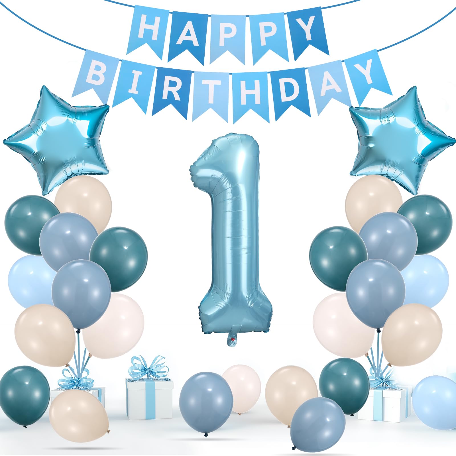 HEDUPT 1st Birthday Decorations Boy, First Birthday Decorations for Boy with Happy Birthday Banner, 40inch 1 Balloon Number, Dusty Blue Balloons, Baby One Year Old Birthday Party Decor