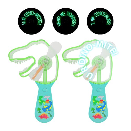 Cool Things Dinosaur Light Up Message Spinner – Handheld LED Spinning Fan Toy for Kids, Safe Battery Personal Fan with Flashing Text – Dinosaur Party Favor, Travel, Festival, Concert – 2 Pack