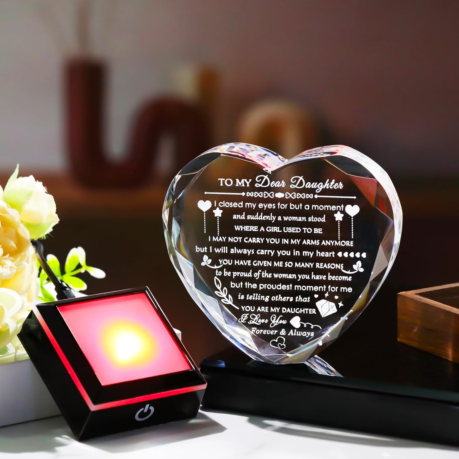 YWHL Heart Crystal Gift for Daughter - Colorful LED Base | Perfect Birthday & Holiday Present
