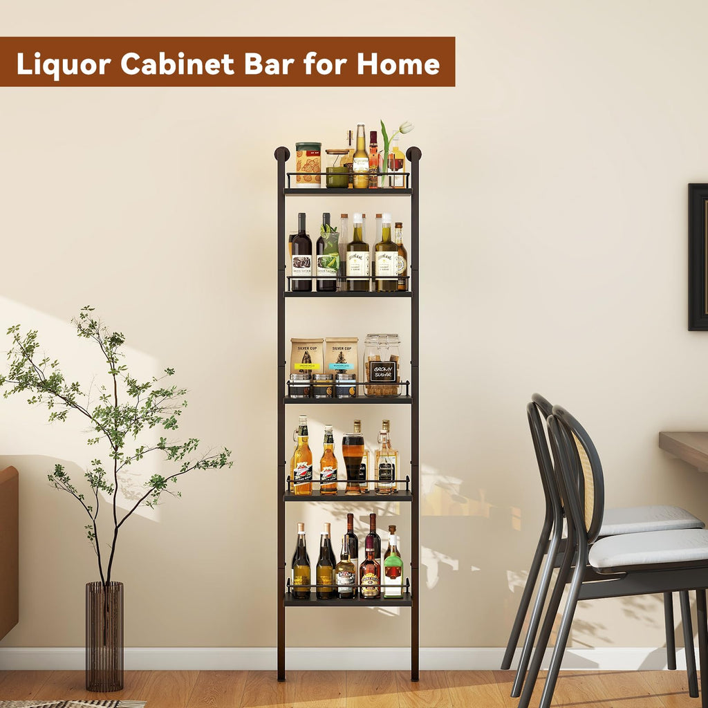 YMYNY 5-Tier Freestanding Wine Racks，Liquor Bottle Display Shelf with Fences, Wall Mounted Floating Shelf Storage Stand for Kitchen, Dining Room, 16.93" L x 7.87" W x 69.68" H Black UHWR001B