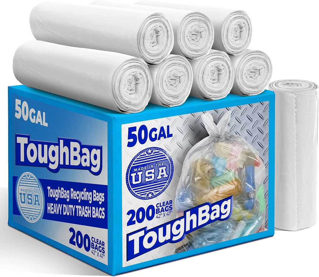 ToughBag 50 Gallon Trash Bags Heavy Duty, Clear Trash Bags (200 COUNT) - Made in USA
