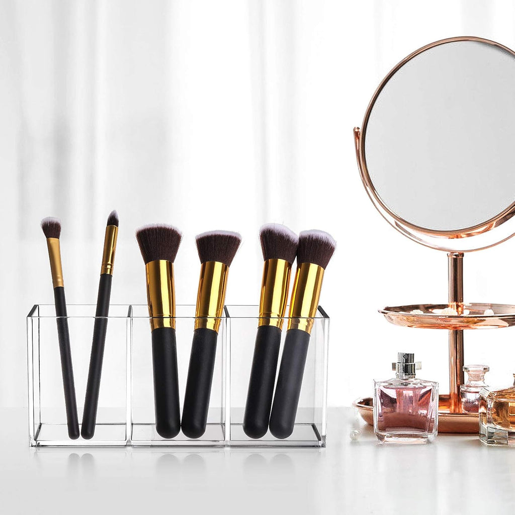 Tbestmax Makeup Brush Holder - Clear Organizer with 3 Slots for Vanity Storage