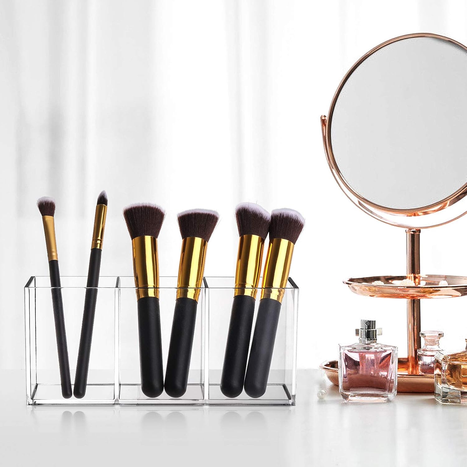 Tbestmax Makeup Brush Holder - Clear Organizer with 3 Slots for Vanity Storage