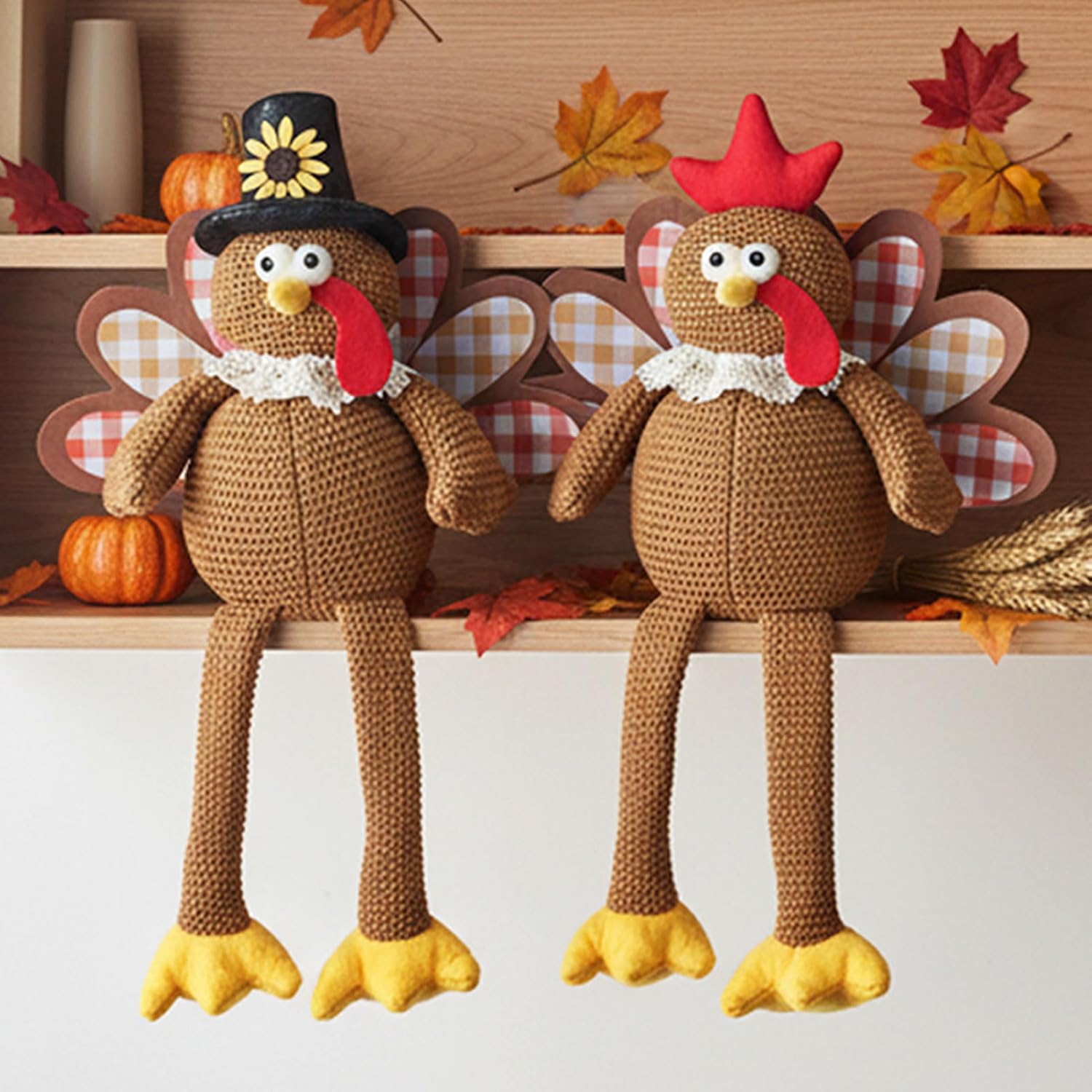 Regine Switzerland Thanksgiving Turkey Decorations - Set of 2 Plush Dolls for Fall Harvest Home Decor | Brown