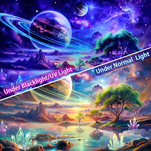 Blacklight Galaxy Space Tapestry UV Reactive Planet Wall Hanging Magical Trees Tapestries Cosmic Mountain Landscape Wall Decor Aesthetic Starry Night Backdrop for Bedroom