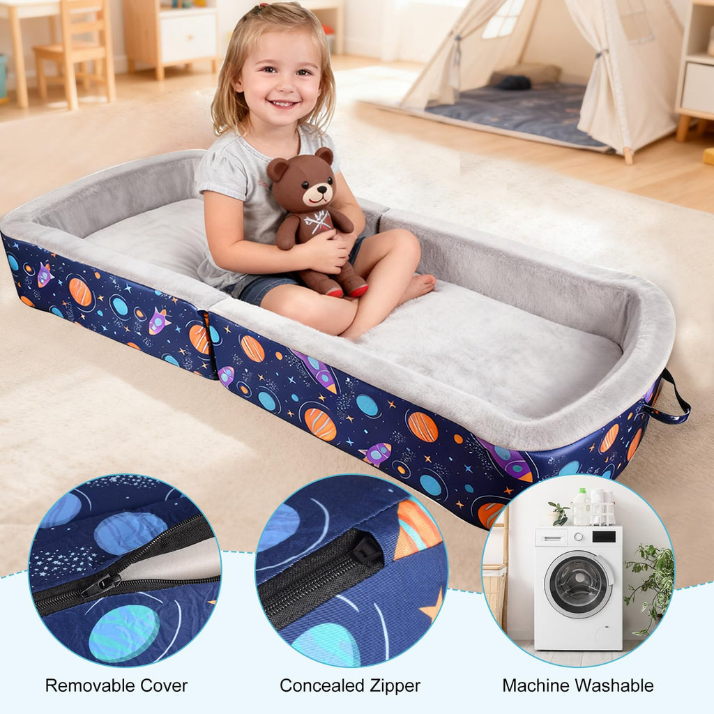 TDKDHoming Portable Toddler Travel Bed Foldable Toddler Bed with Washable Cover Toddler Floor Beds for Home,Travel & Camping, Soft Foam Kids Cots for Sleeping, for Kids Aged 18M+, No Assembly, Blue