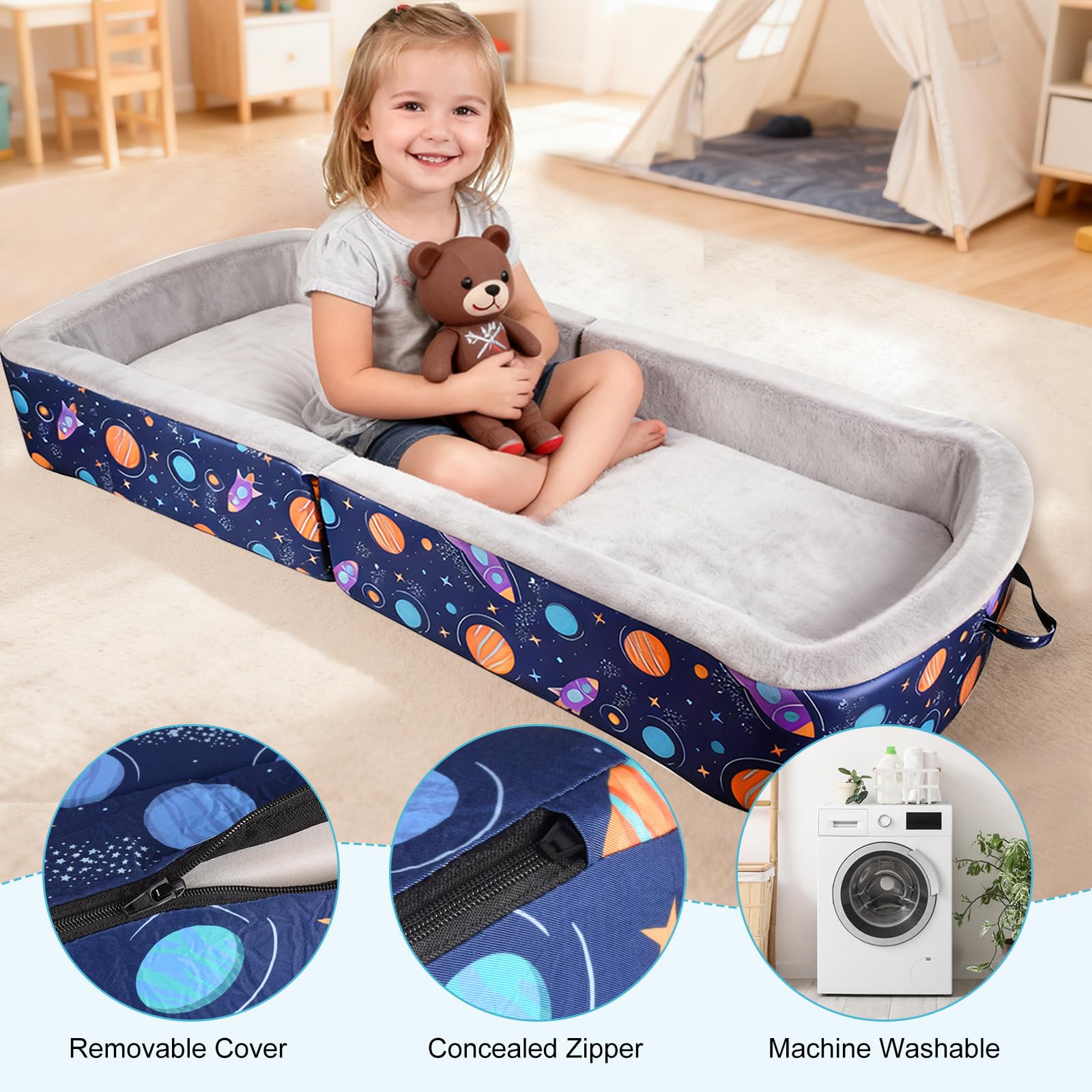 TDKDHoming Portable Toddler Travel Bed Foldable Toddler Bed with Washable Cover Toddler Floor Beds for Home,Travel & Camping, Soft Foam Kids Cots for Sleeping, for Kids Aged 18M+, No Assembly, Blue