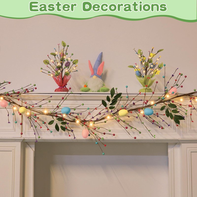 6 Ft 20 LED Easter Decorations Easter Garland with Lights Timer Colorful Eggs Mixed Berried Green Leafed Artificial Easters Egg Garland Spring Garlands for Home Mantle Fireplace Table Indoor Outdoor