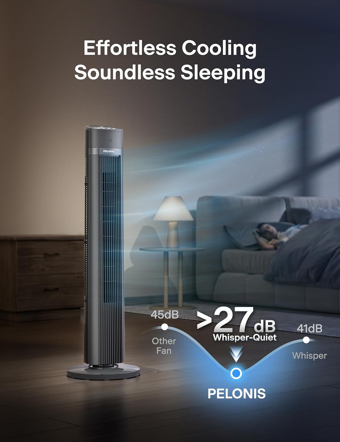Pelonis 40-Inch Bladeless Tower Fan - Quiet 3-Speed Remote Control, 90° Oscillation, Black
