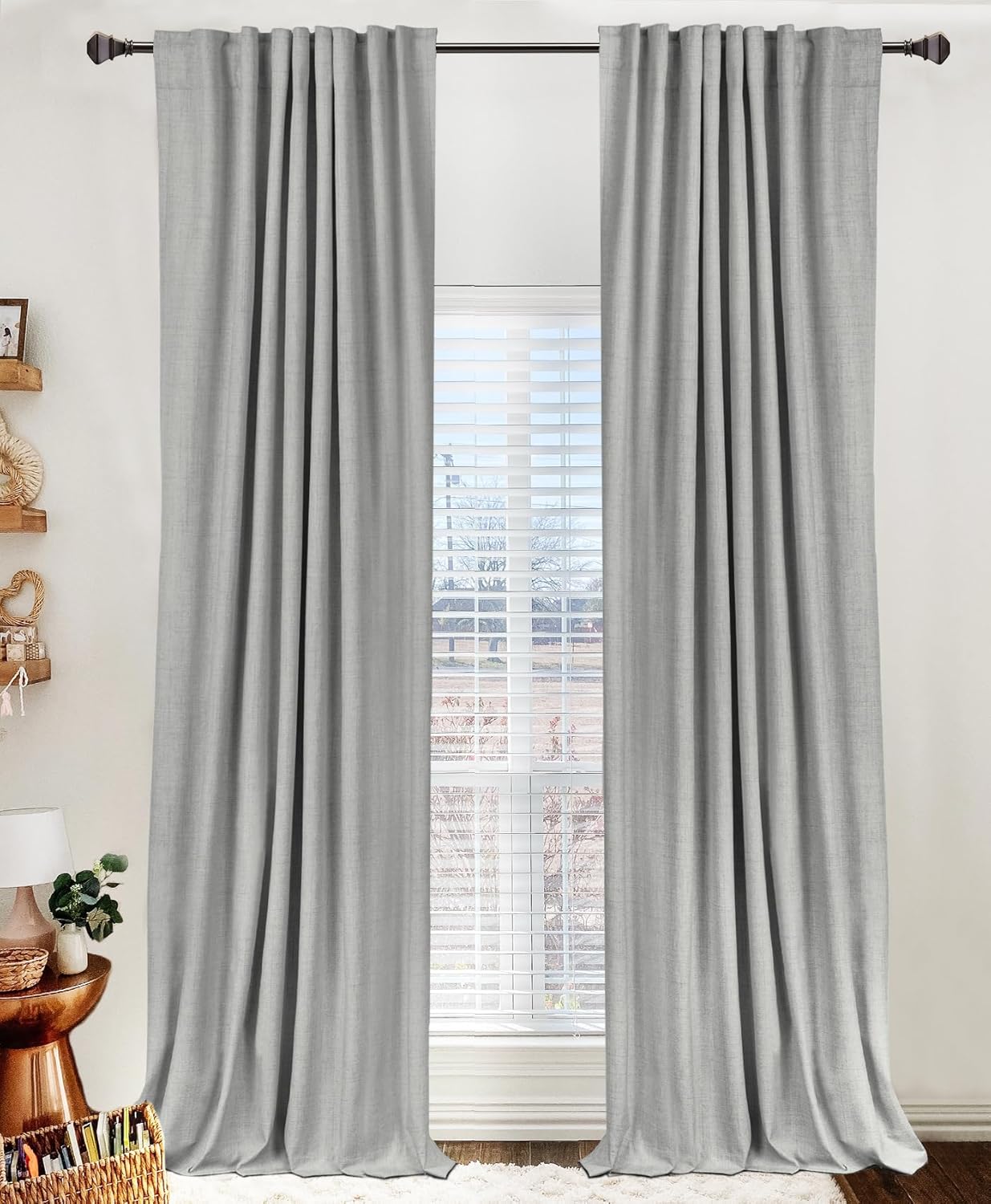 Skiennix 100% Blackout Linen Curtains - Thermal Insulated Drapes for Bedroom | 84" Long, Ash Grey, 2 Panels Set