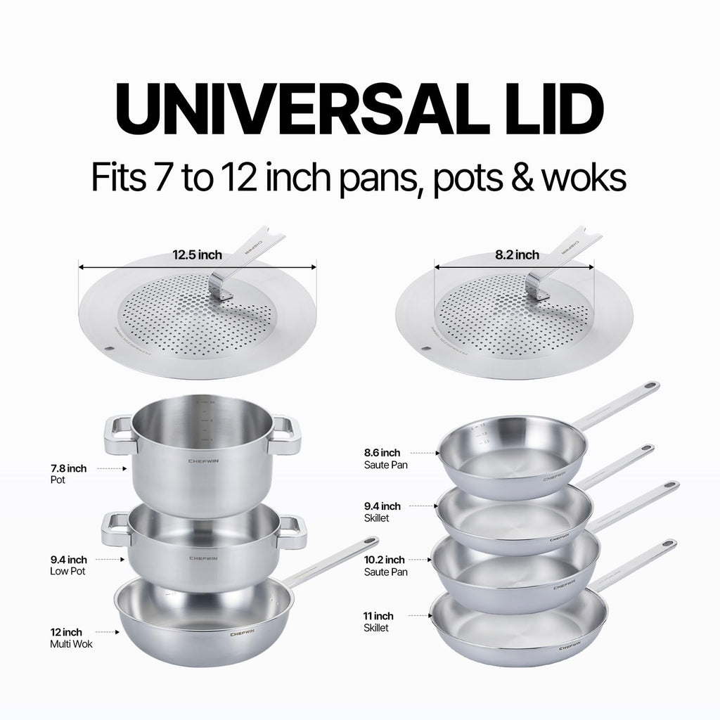 CHEFWIN Self-Standing Universal Lid for Pots and Pans – 7 to 12 Inch Fit – 316 Stainless Steel, Steam Vent, Dishwasher Safe