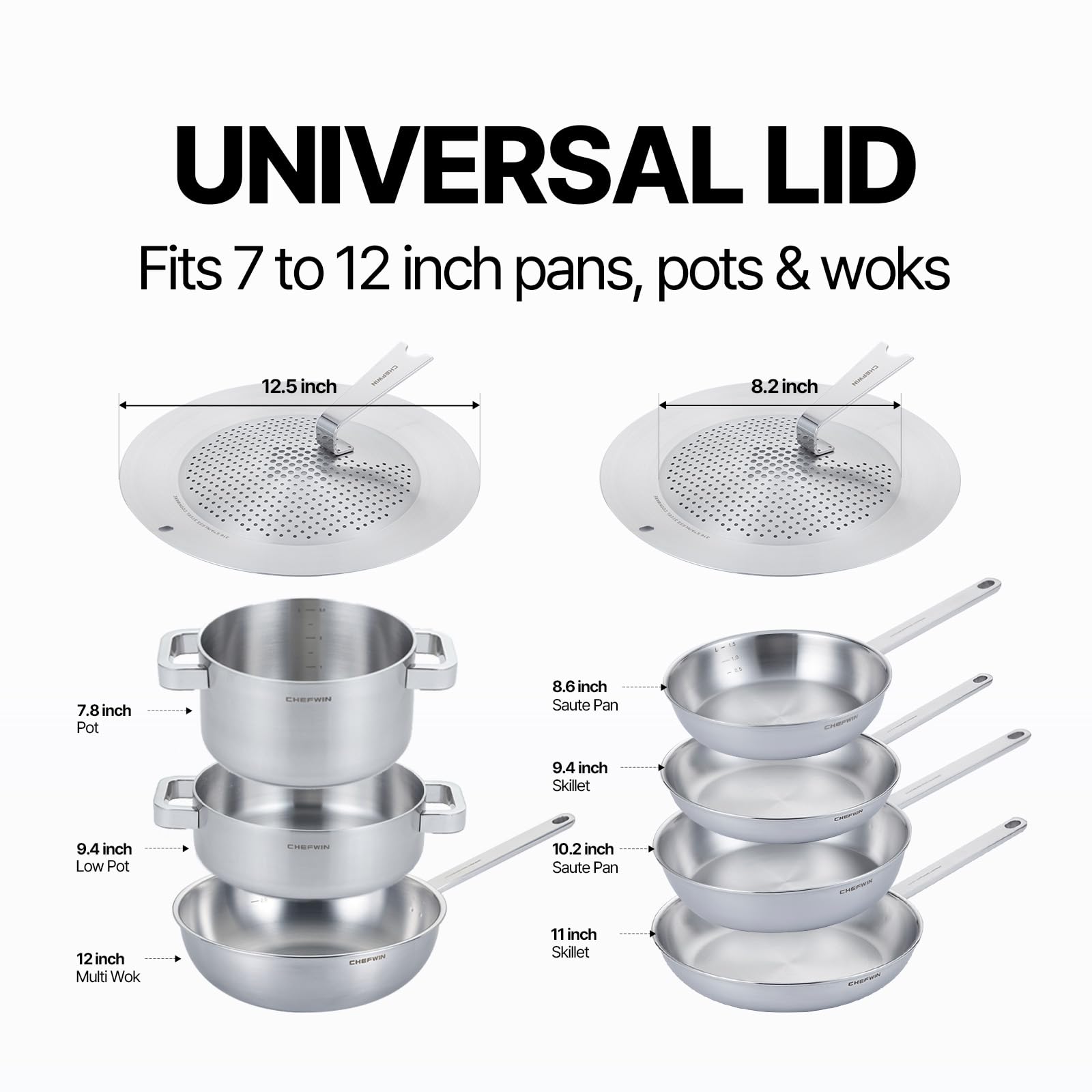 CHEFWIN Self-Standing Universal Lid for Pots and Pans – 7 to 12 Inch Fit – 316 Stainless Steel, Steam Vent, Dishwasher Safe