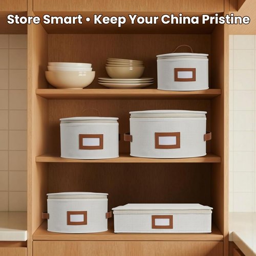 HOMELUX THEORY Hard Shell China Storage Containers - 8pc Ivory Mug & Plate Box with Lids | Heavy-Duty Kitchen Storage Bins