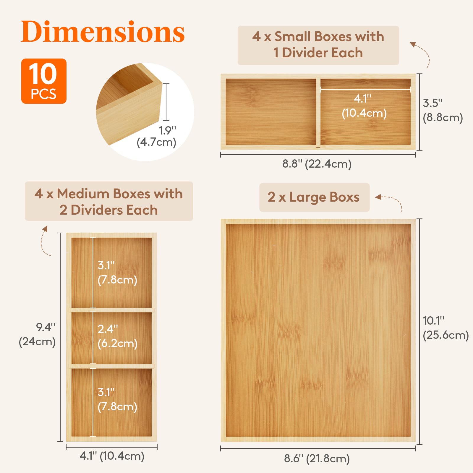 Lifewit Drawer Organizers 10 Pack(22 Grid) with 12 Inserts, Adjustable Bamboo Wooden Drawer Dividers, Stackable Storage Box for Utensils, Silverware, Makeup, Junk in Kitchen/Bathroom/Office/Vanity