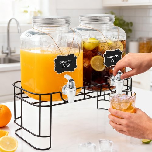 1.5 Gallon Glass Drink Dispensers For Parties-Set of 2,Drink Dispenser with Fruit Infuser & Stand,Juice or Beverage Dispenser for BBQ, Picnic, Party,Water Dispenser Laundry Detergent Dispenser