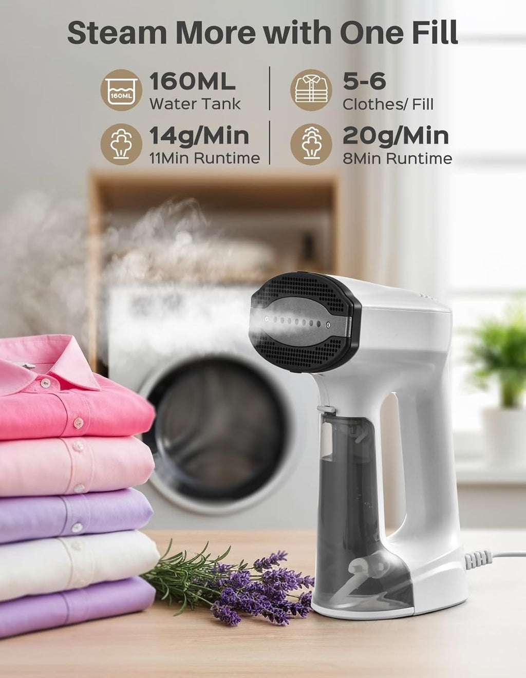 Sweepulire Handheld Clothes Steamer - 3500Pa Suction, 3 Modes, LED Display, 160ml Tank | Portable Travel Iron