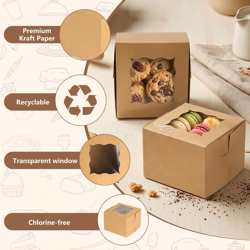 TAOUNOA 80 Pack 4x4x2.5 Inch Cookie Boxes with Window, Kraft Bakery Boxes for Cupcakes, Desserts Treats, Clear View Eco-Friendly Gift Packaging for Baked Goods Party (Brown, 20 pcs Easy to Secure)
