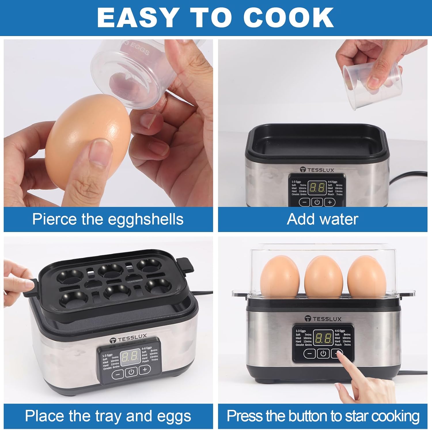 Tesslux Electric Egg Cooker - 6 Egg Capacity for Hard Boiled, Poached, Scrambled Eggs | Auto Shut Off, Silver