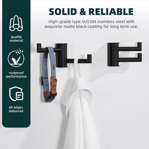 Angle Simple Swivel Towel Hook Matte Black 2 Pack, 304 Stainless Steel Double Robe Hook for Bathroom