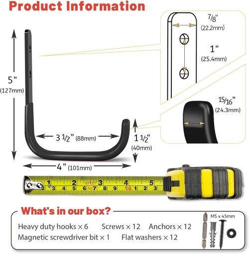 Heavy Duty Garage Hooks by [Brand Name] - 6 Pack 4-Inch Wall Mount Utility Tool Organizers | 55 lbs Capacity