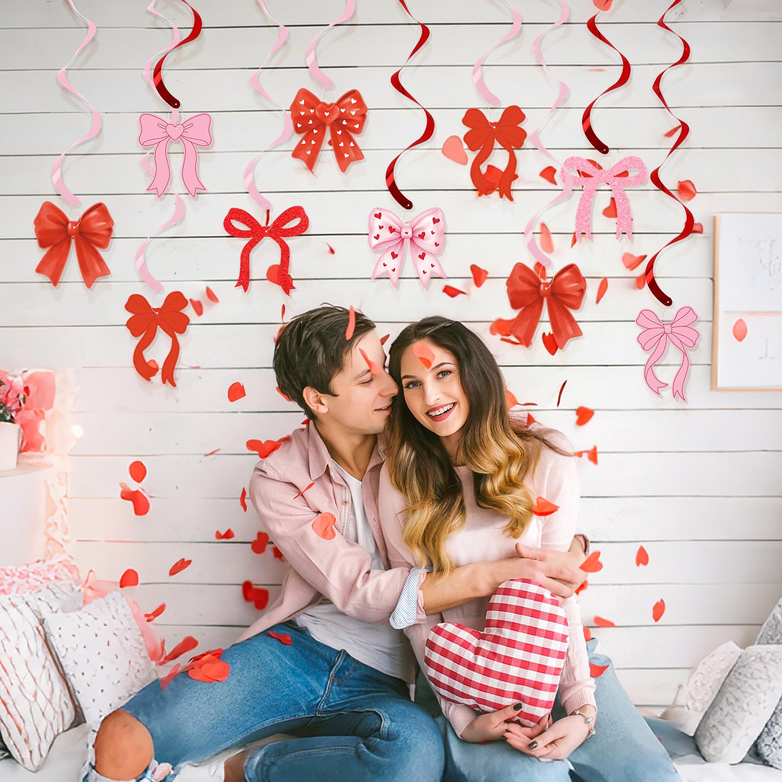 Valentines Day Bow Hanging Decorations, Pink Red Valentine Hearts and Bows Hanging Swirls Ceiling Decoration for Home, Bedroom, Classroom, Wedding Anniversary Galentines & Valentines Day Decorations