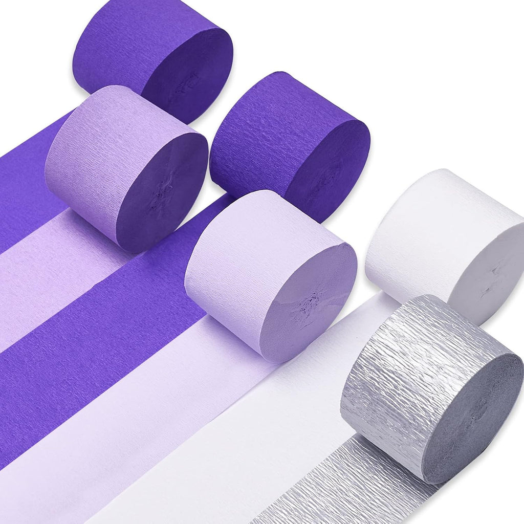 PartyWoo Purple Crepe Paper Streamers - 6pcs 492ft Light & Dark Purple, Lavender, White, Silver | Ideal for Birthday & Graduation Decorations