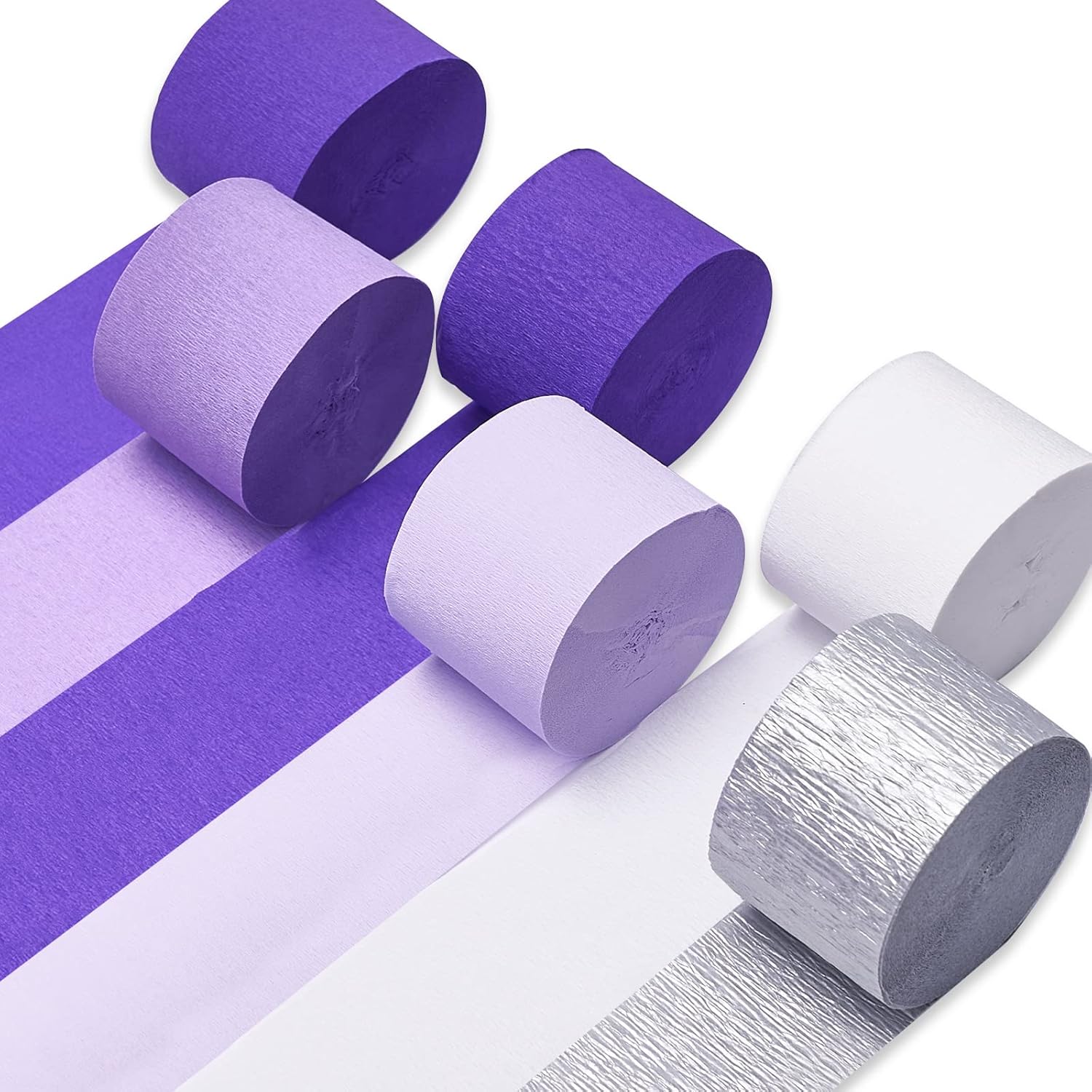 PartyWoo Purple Crepe Paper Streamers - 6pcs 492ft Light & Dark Purple, Lavender, White, Silver | Ideal for Birthday & Graduation Decorations
