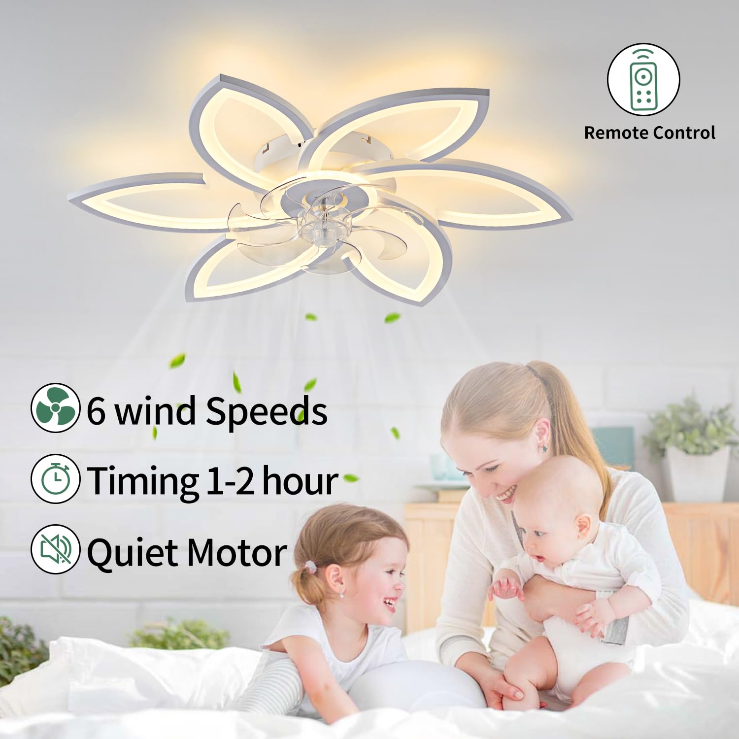 Yfrest Modern Semi Flush Mount Ceiling Fan with Lights - 30" White, 3 Light Color, 6 Speeds, Flower Design, Low Profile for Kitchen, Bedroom