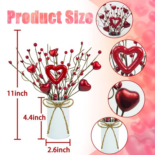 Caplidou 2 Pcs Valentines Day Decorations, Valentines Day Centerpiece for Table Artificial Heart Berry Stems Picks with Vase Floral Arrangement for Mantel Party Wedding Anniversary Home Office