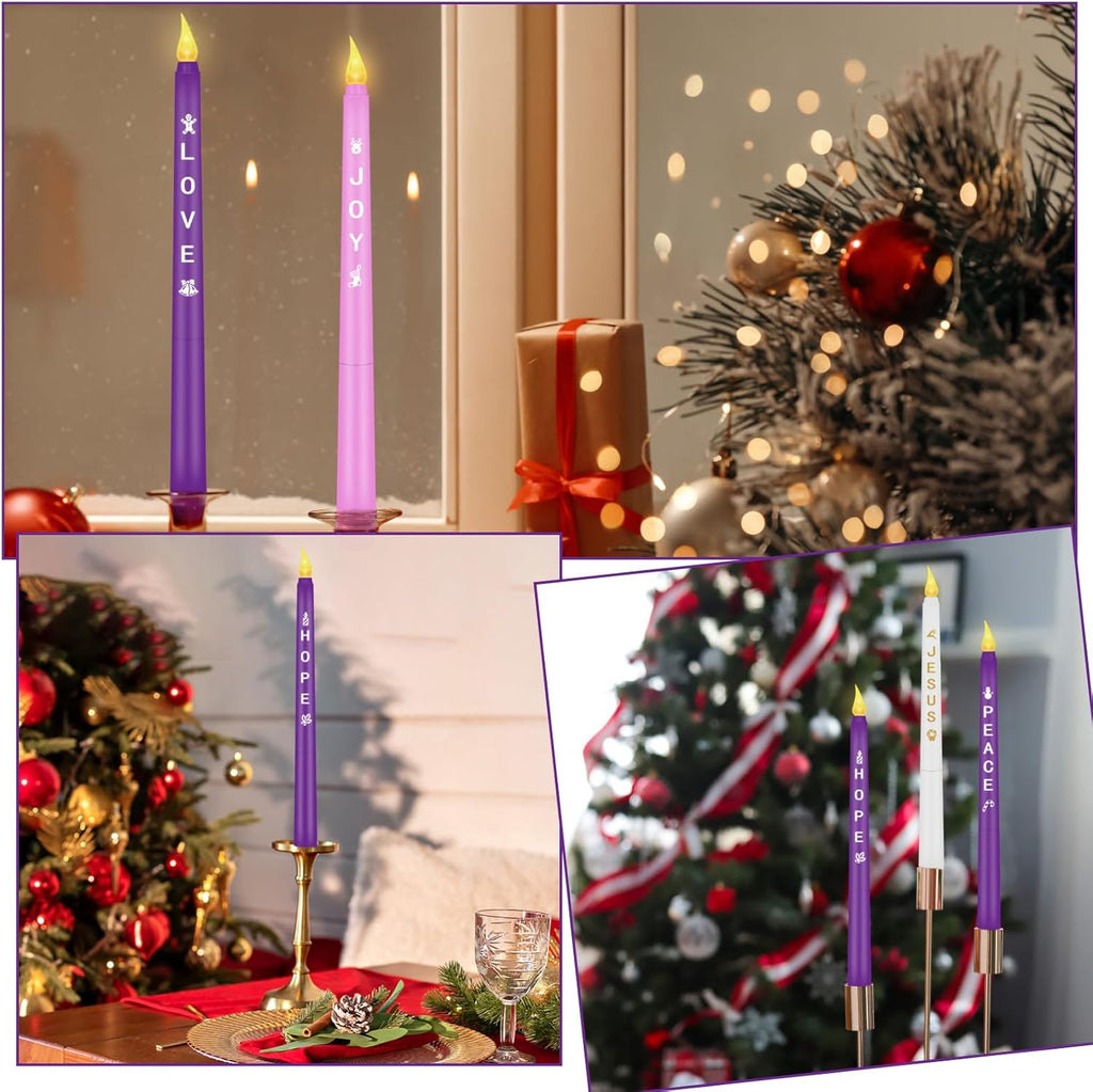 RGQSUN Flameless Advent Candles Set of 5 | Battery Operated Flickering Taper Candles for Christmas Decor