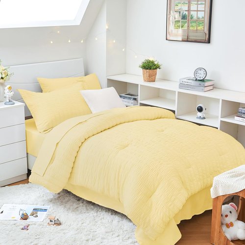 HYMOKEGE Twin XL Comforter Set - All Season Luxury 5-Piece Bedding Set in Yellow Seersucker
