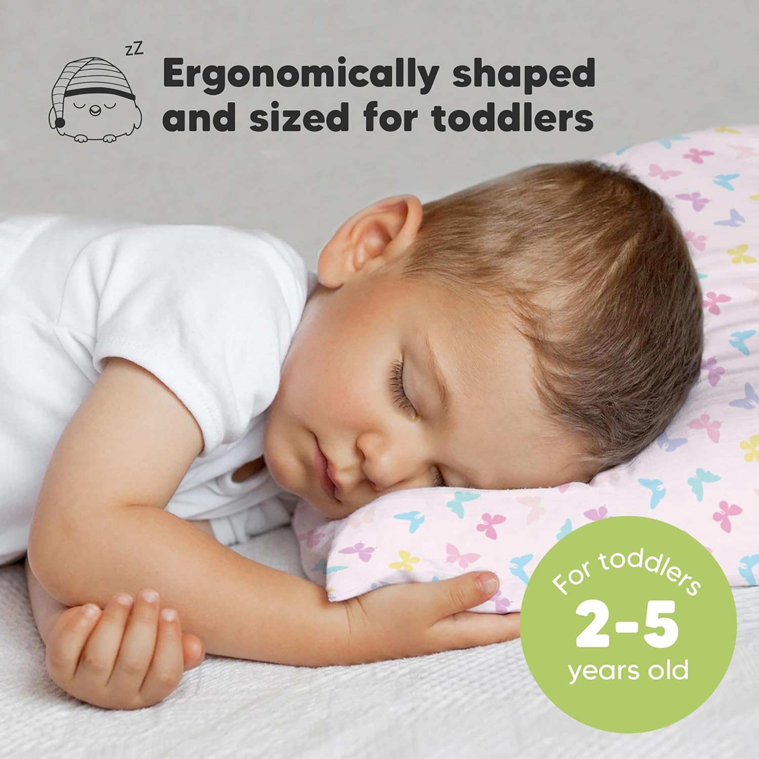 My Little Dreamy Toddler Pillow - Organic Cotton Travel Bed Pillow with Soft Pillowcase | 13x18, Machine Washable, Ideal for Ages 2-5 (Flutter)