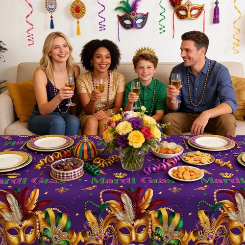 Mardi Gras Tablecloth, 3 PCS Mardi Gras Table Cloth Disposable, Plastic Purple Carnival Mask Decorative Masquerade Tables Cover Rectangular for Mardi Gras Party Decoration Supplies, 54 X 108 Inch