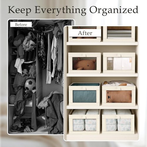 Criusia Closet Organizers - 4 Pack Linen Storage Baskets with Mesh Window | Foldable for Clothing, Toys, Beige