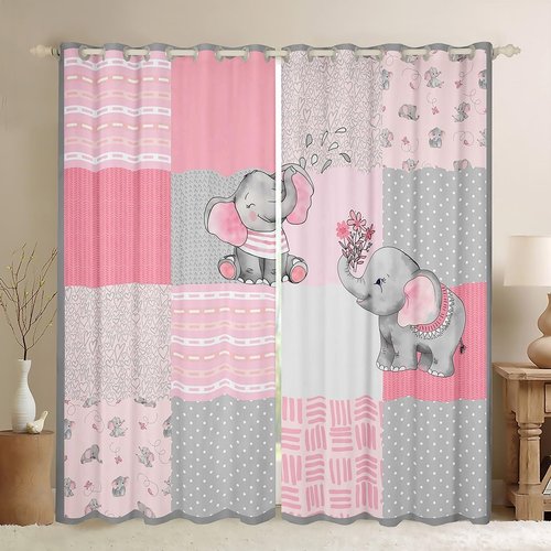 Castle Fairy Girly Cute Elephant Blackout Window Drapes,Pink Gray Plaid Geometric Home Decor Curtains,Cartoon Animals Stripes Dots Durable Blackout Window Drapes for Kids Gifts,2 Panels, 38Wx54L inch