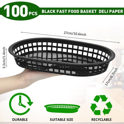 Mimorou 100 Pcs Fast Food Baskets 10.5 x 7 Inch Restaurant Tray Black Plastic Serving Baskets for Deli Serving, Chicken, Burgers, Picnics, Parties